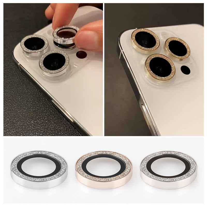 Protector de pantalla de lente de cámara de diamante brillante para iPhone 15 Pro Max, Metal Individual 9H con película de lente de cámara de vidrio