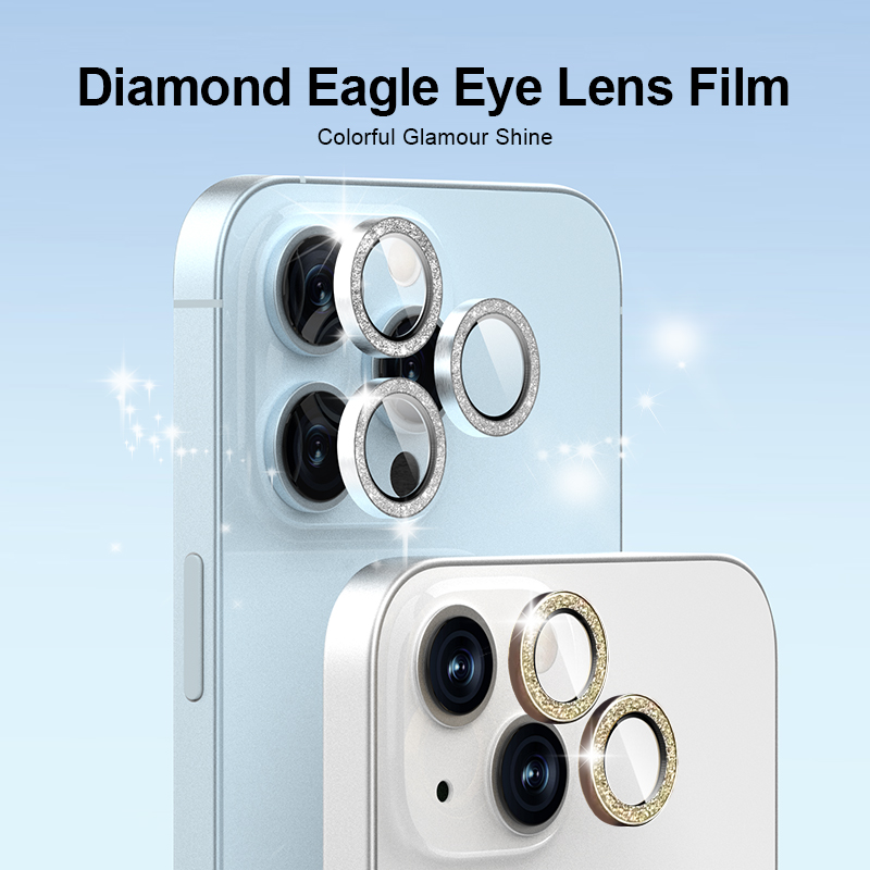 Protector de pantalla de lente de cámara de diamante brillante para iPhone 15 Pro Max, Metal Individual 9H con película de lente de cámara de vidrio